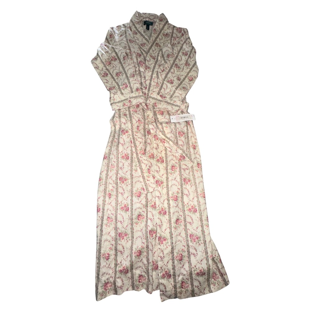 Lauren Ralph Lauren Womens Floral Stripe Cotton Robe Ivory Pink Green M NEW